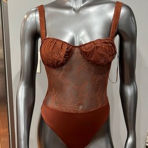 NWT Danielle Bernstein Brown Lace Thong Sleeveless Bodysuit Top